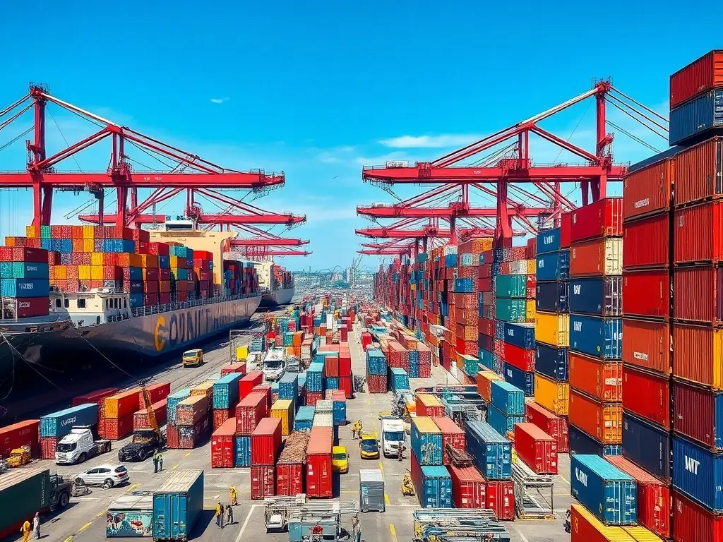 A busy port with cargo ships and containers, showcasing import and export activities.