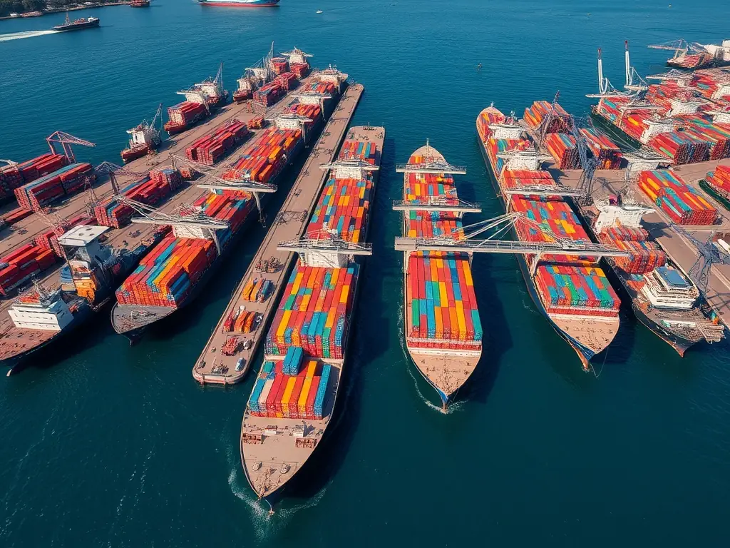 An aerial view of a busy port with cargo ships and containers.