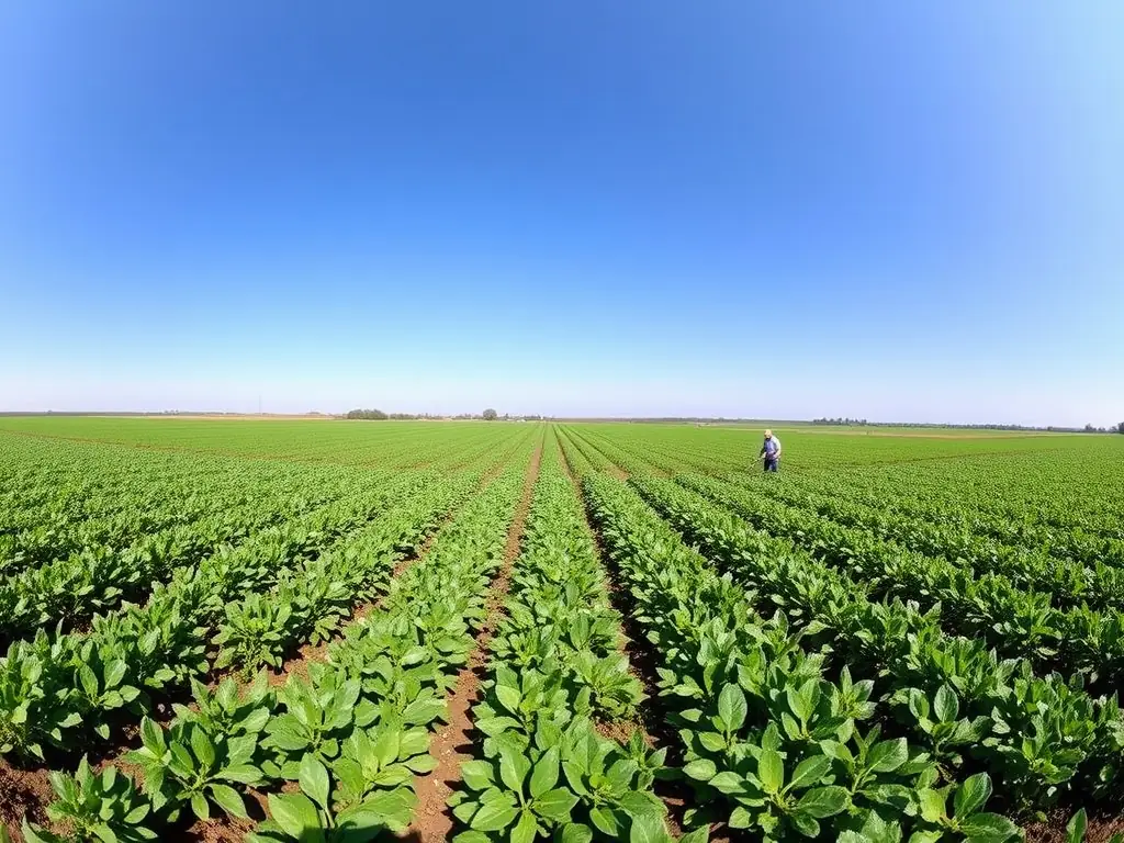 A panoramic view of a thriving agricultural landscape with crops and modern farming equipment.