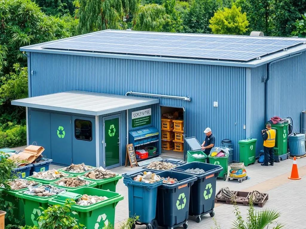 A modern waste management facility with recycling bins and green technology surrounded by greenery.