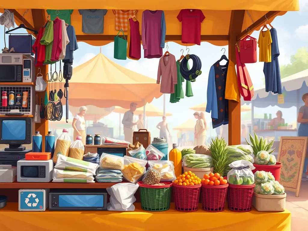 A vibrant market stall displaying a variety of trading products like electronics and textiles.
