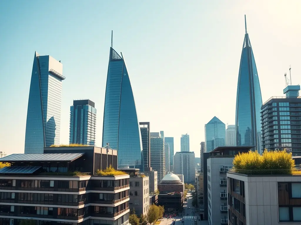 A modern city skyline with eco-friendly buildings representing real estate development.