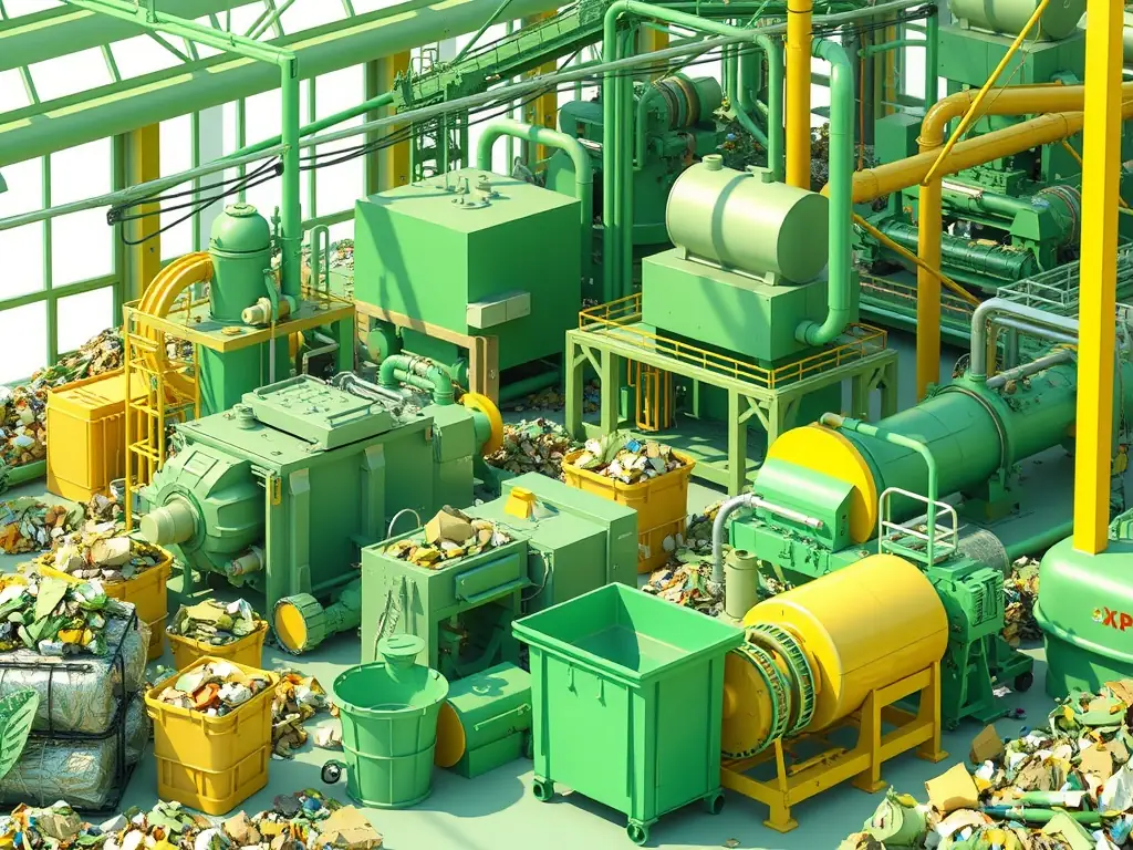 3D model of a recycling plant with machinery processing waste materials.